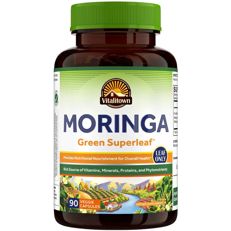 Vitalitown Moringa Capsules - 90.00 Count Natural Organic Plant Based Supplement, 11g Pure Moringa Oleifera Leaves, No Sticks, No Caffeine, Vegetarian Herbal Supplement for Adult Health Support