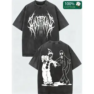 Dark Clown Ghost Print T-Shirt, 100% Cotton Vintage Wash Short Sleeve Top, Unisex Casual Trendy Daily Wear, Halloween Style