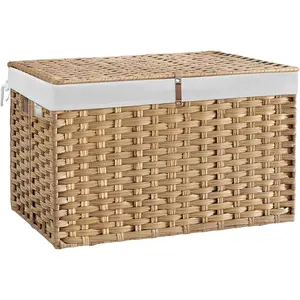180L Wicker Storage Basket with Lid, Handwoven Rattan Large Shelf Basket with Removable Liner, .6 Gallon Wicker Basket for Blanket, Storage Trunk with Handle for Closet, Bedroom, Livingroom,