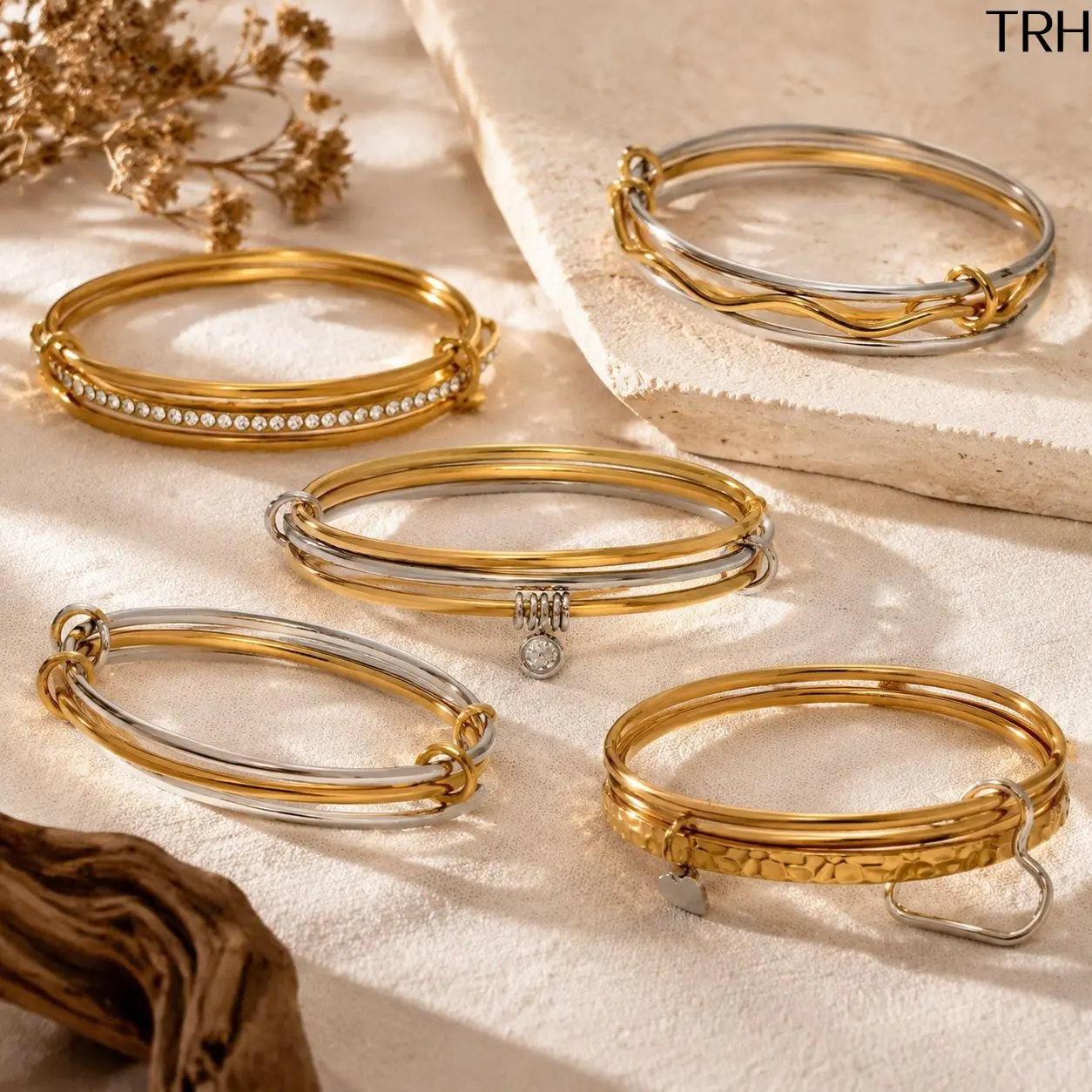 Women's 18K Gold-Plated Titanium Steel Interlocked Multi-Ring Bangle Set - Cubic Zirconia Row Inlaid, 2-Tone Stackable Bracelets, Anti-Tarnish, Heart Charm, Hammered Texture, Luxury Wedding Costume Jewelry Gift for Daily Wear