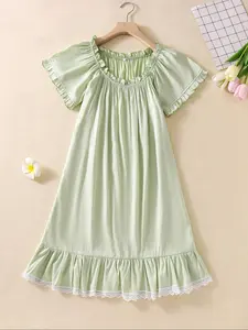 Women's Plain Contrast Lace Frill Trim Ruffle Hem Nightdress, Casual Soft Comfortable Short Sleeve Round Neck Nightgown for All Seasons, Lady's Sleepwear for Indoor Wear