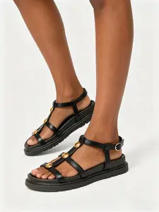 Women's Unique Sandals, PU Leather Thick Sole Slippers, Adjustable Metal Anklet Strap, Arch Support Comfortable Outdoor Beach Shoes