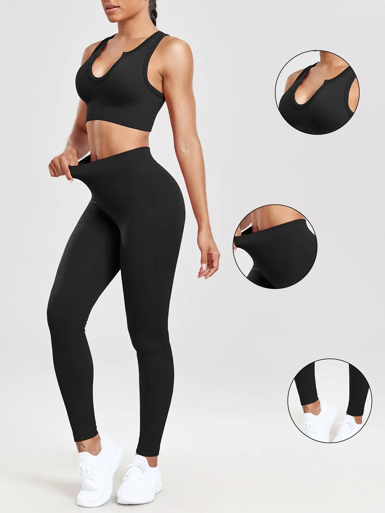 Two-piece Set Women's Solid Ribbed Tracksuit Set, Sporty Crop Tank Top & High Waist Leggings, Comfy Outfits for Yoga Gym Workout Running, Gym Clothes,