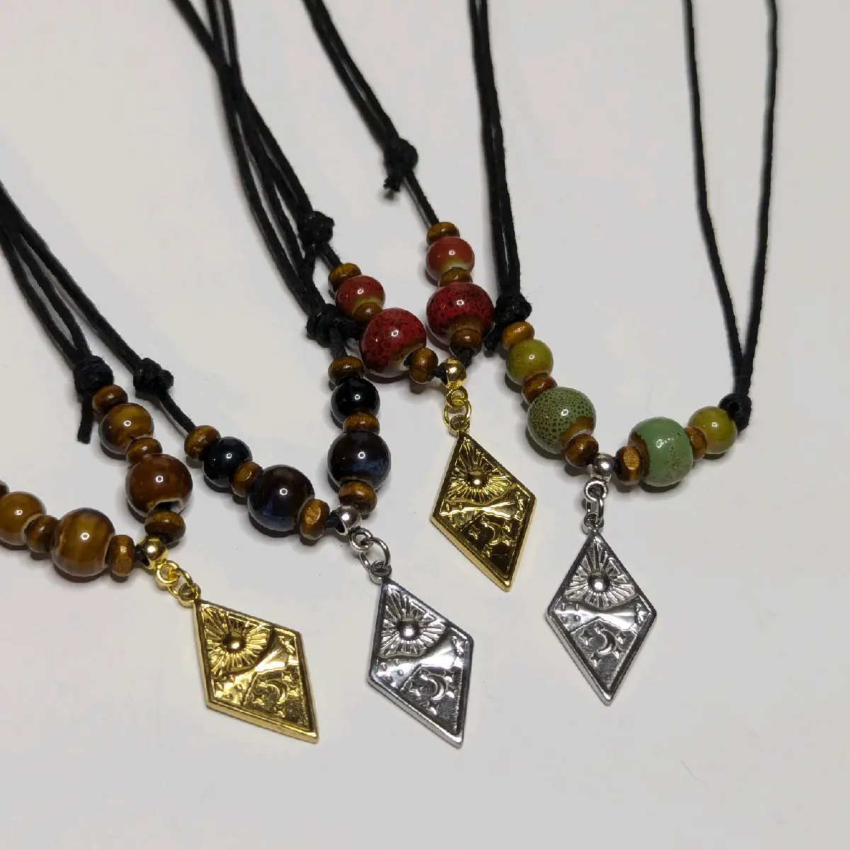 Sun And Moon Mountain Charm Ceramic Beaded Silver or Gold Boho Hippie Whimsical Adjustable Black Rope Cord Choker Stacking Necklace