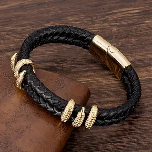 Luxury Stainless Steel Gold Plate Dragon Claw Double Layer Braided Genuine Leather Bracelet for Men Father Gifts