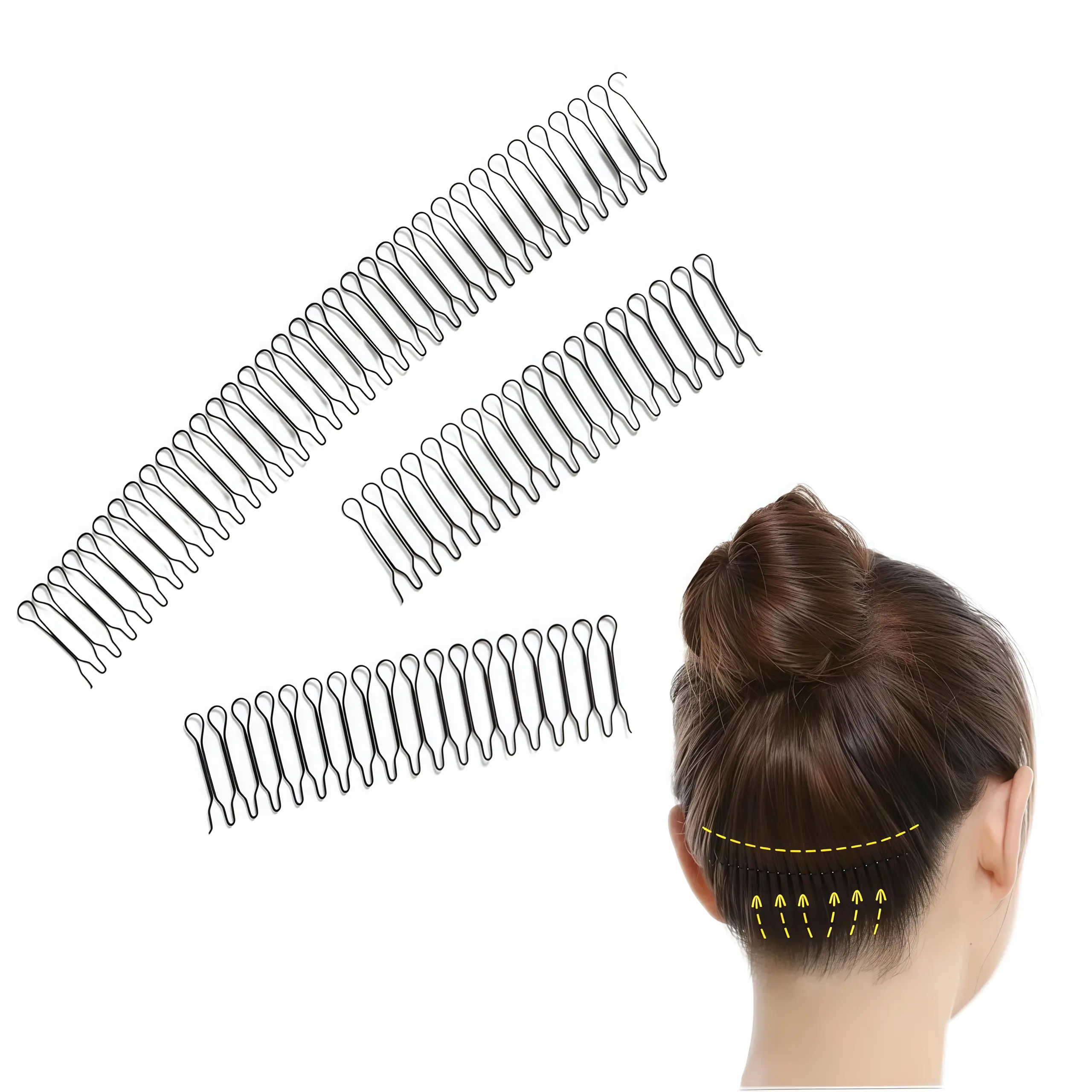 Women's Black 3-Piece U-Shaped Wavy Hairstyle Accessories Kit - Round Clips, Elastic Spring Bands, Bangs Hair Clip, All-Seasons Fashion Hair Accessories for Weddings & Bun Styling