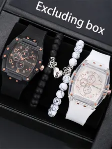 4-piece couple watch set with silicone strap and gold hands, perfect Valentine's Day gift for your partner, Fashionable Stylish Watch