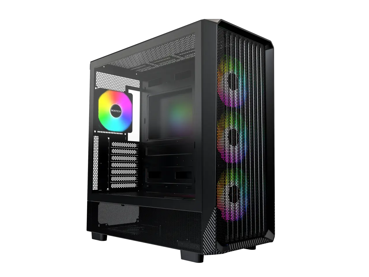 MONTECH X5- ATX Mid-Tower Gaming PC Case, High Airflow, 3x 140mm and 1x 120mm Fans Pre-installed, Glass Side Panel, Carbon Print Accents, GPU Holder Included, Black