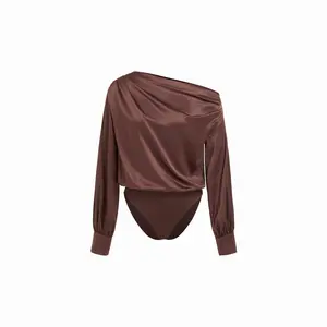 Cider Satin Asymmetrical Neck rRuched Blouse Bodysuit
