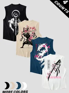 Men's Summer 4-Piece Set, Koi, Cherry Blossom Samurai, Dragon, Sword Prints, Round Neck Sleeveless T-Shirts, Vest Tank Top, Casual Comfortable Tops for Outdoor Fitness