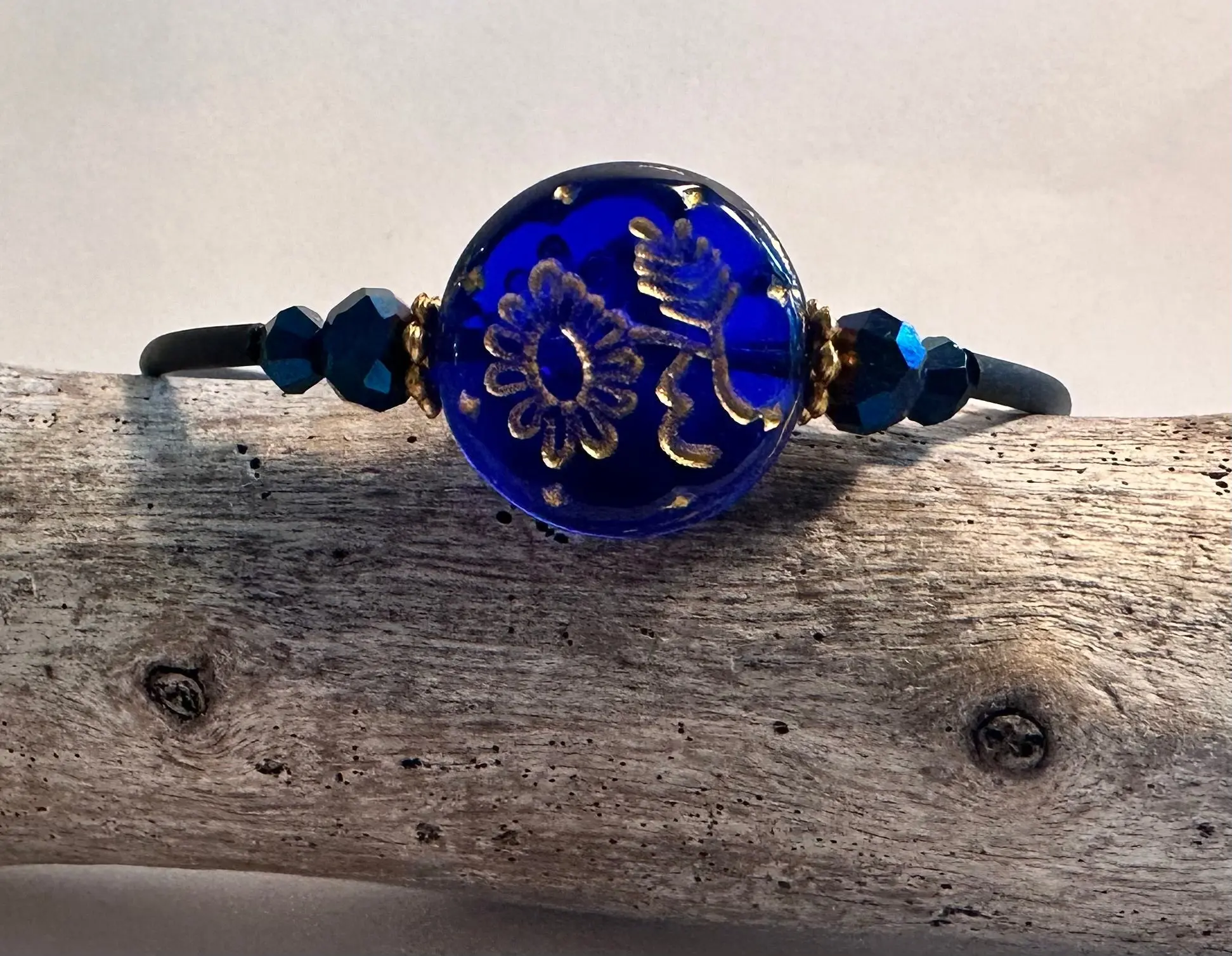 In the Deep Blue Czech Glass single Memory Wire Bracelet