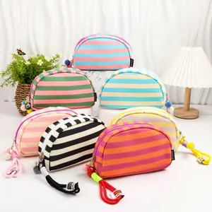 New Striped Shell Makeup Bag, Fresh Macaron Colors, Zipper Cosmetic Storage Pouch, Portable Toiletry Organizer, Perfect Gift for Women