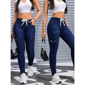Women'S High-Waist Stretch Skinny Fit Jeans - Light Wash Denim Cargo Pants with Drawstring Waistband, Flap Pockets & Side Stripe Design | All-Season Casual to Semi-Formal Wear | Comfortable Stretch Fabric & Structured Leg Opening | Versatile Everyda