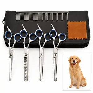 Professional 5-in-1 dog grooming scissors set, with safety round tips, made of stainless steel, sharp and durable. Also suitable for cat grooming.
