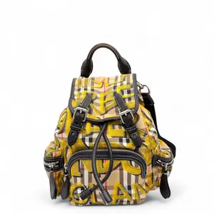 Pre-owned BURBERRY Leather Backpacks Graffiti Print Small Rucksack Backpack Vintage Check Calfskin Black Yellow Red (0609m5)