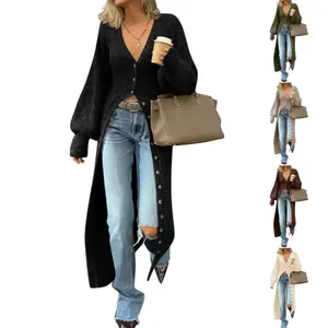 Naeduo Women's Long Chunky Knit Cardigan V Neck Button Down Cozy Fall Sweater with Pockets Casual Everyday Wear Elegant Drape Fitted Knitwear