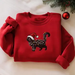 Embroidered Cat Christmas Sweatshirt: Holiday Lights, Cat Mom Gift
