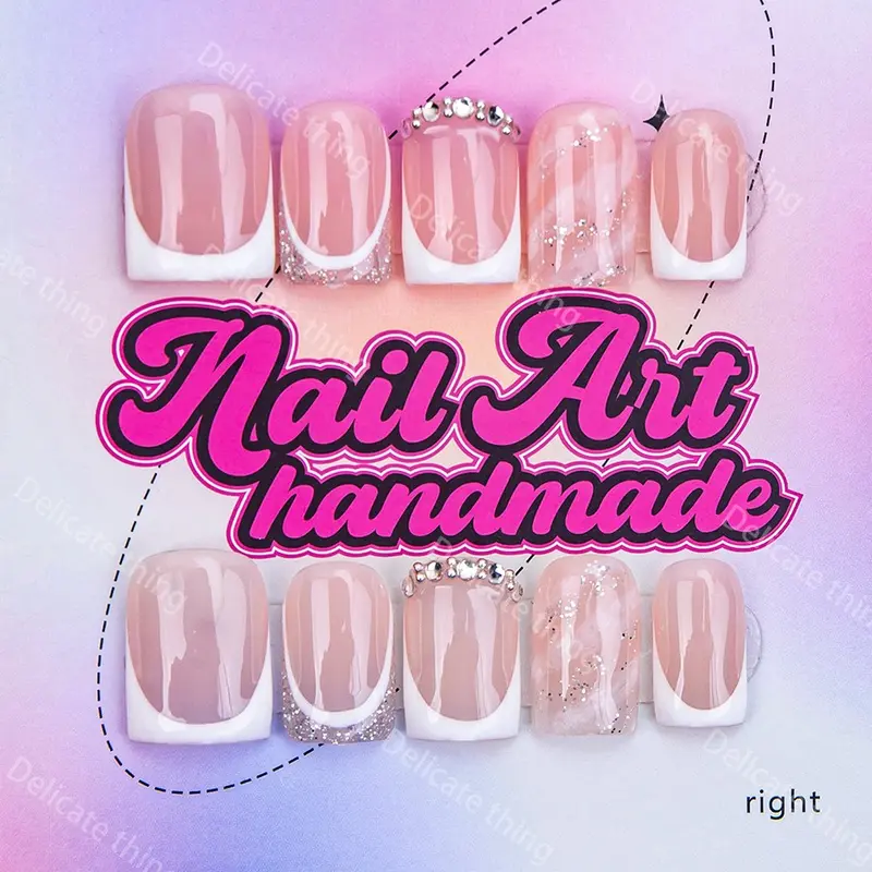 Delicatething Y2K Style Nail Art Handmade Nails Kit Set, Nail Art Products, Nail Art Diy, Nail Tips Art, Handmade French Tip Design, Includes Jelly Glue, Crystal Stick, File, Perfect Gift for Women