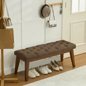 43.5'' Linen Bedroom Bench, Upholstered End of Bed Bench with Tufted Button, Padded Vintage Dining Bench, Entryway Bench with Solid Wood Legs, Kitchen, Living Room, Hallway