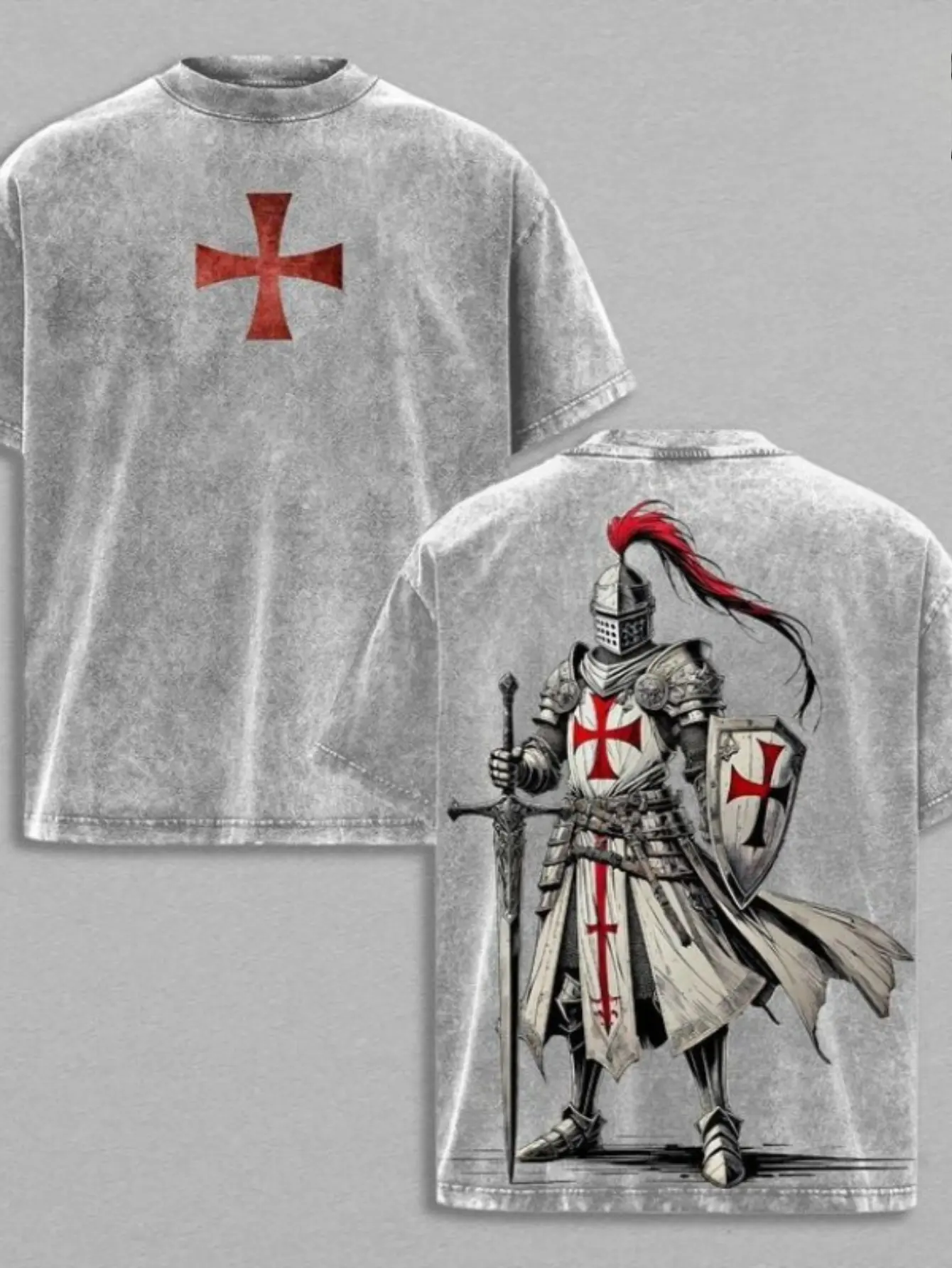 Men's Vintage Knights Templar Crusader Graphic T-Shirt - Washed Distressed Fitted Cut, Casual Summer Wear, Hand Wash Only, Figurative Print