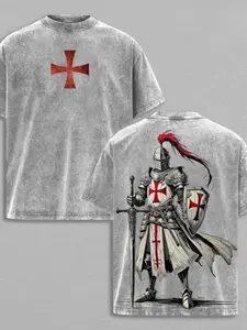 Men'S Vintage Washed Knights Templar T-Shirt - Christian Crusader Armor Warrior Cross Design, Medieval Knight Graphic Tee with Red Cross on Grey, Breathable Summer Casual Church Apparel, Christian Faith Clothing Gift for Men vintage t-shirt casual menswea