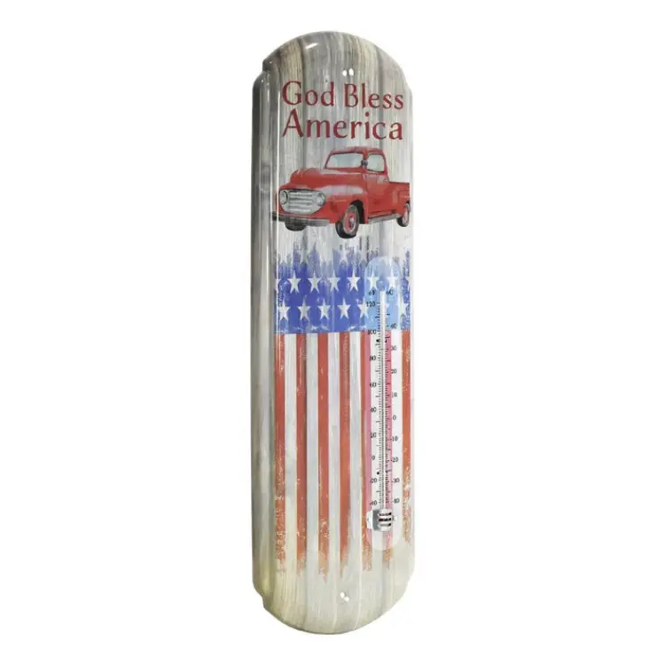 Vintage Metal Wall Thermometer - 17.25 in Patriotic God Bless America Decor, Lightweight Stars-Themed Measuring Tool, Hanging Wall Mount Farmhouse Home Decoration, Ideal Gift for Americana Enthusiasts