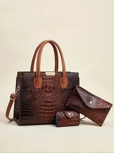Women's Fashionable Crocodile Pattern Tote Bag, Large Capacity Shoulder Bag & Wallet & Card Holder, Handbag & Long Wallet & Card Holder