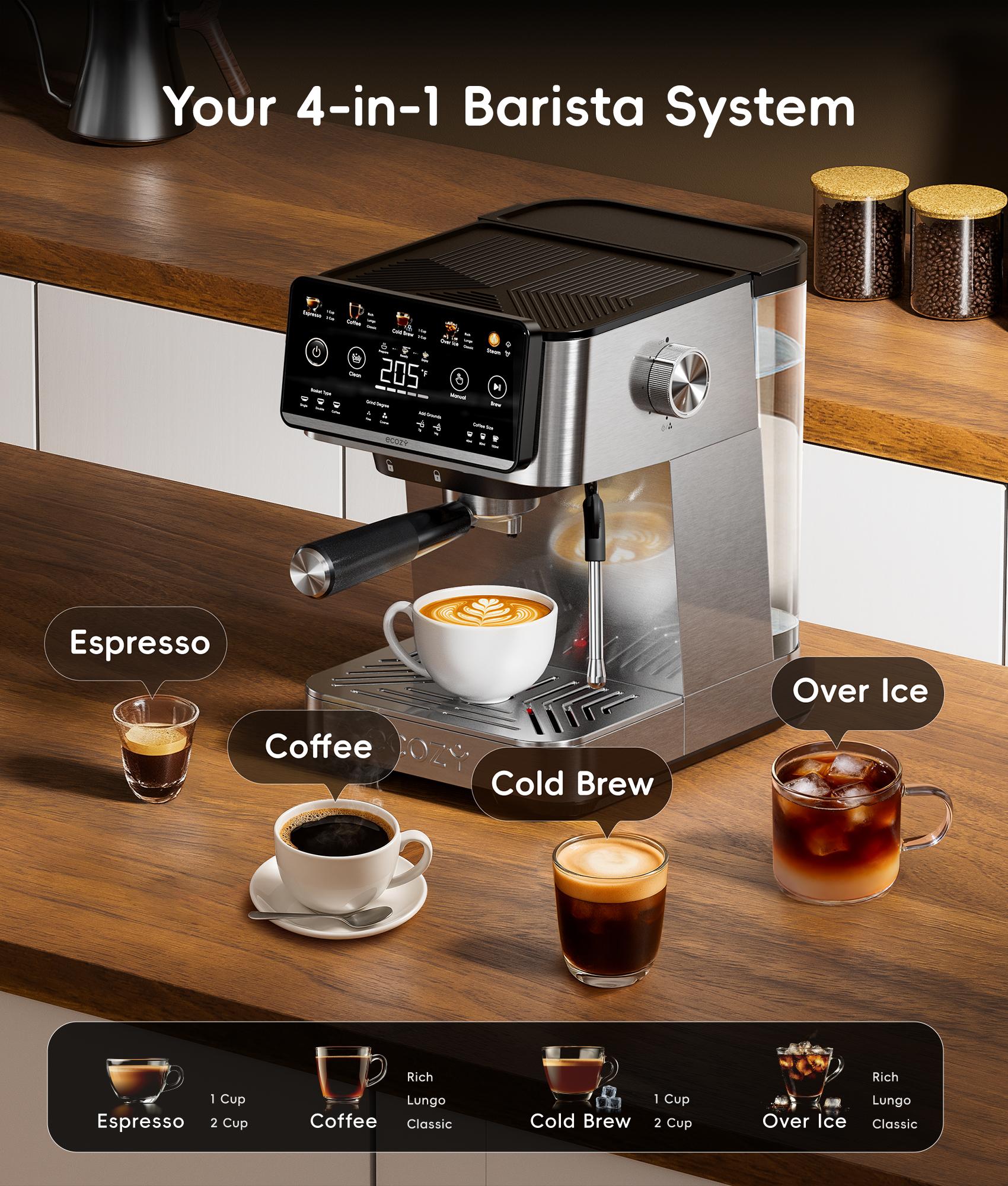 [Mother&rsquo;s Day] ecozy 4-in-1 Espresso Machine  LED Touch Screen, 20 Bar Pump - Home Coffee Bar, Drip Coffee, Cold Brew and Over lce Machine, Intergrated Milk Frother, Stainless Steel, Brezzano Elite Series for Cappuccinos, Lattes, Americanos