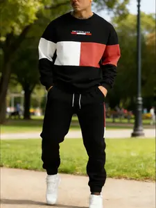 2026 New Men's Casual Fashion Sports Two-Piece Set, Color-Blocked Crewneck Sweatshirt & Side-Stripe Jogger Pants, Suitable for Everyday Wear, Street Style, Home, or Commuting