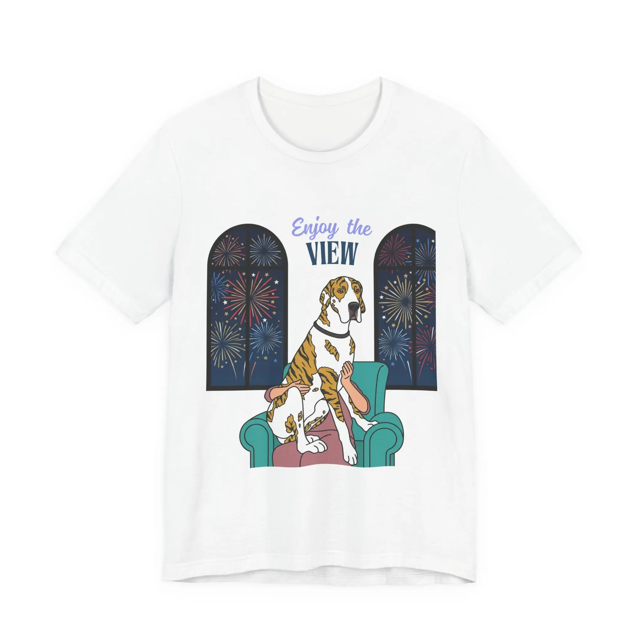 Brindlequin Great Dane Enjoy the View T-Shirt — Dog Watching Fireworks Graphic Tee