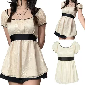 Women’s long top, patchwork short-sleeved A-line shirt, retro girls’ lace holiday streetwear GARMENTARY