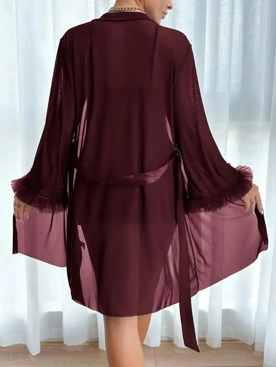 2pcs Set Fishbone Style Cinch Waist Lace Cami Nightgown with Wide Sleeve Mesh Robe