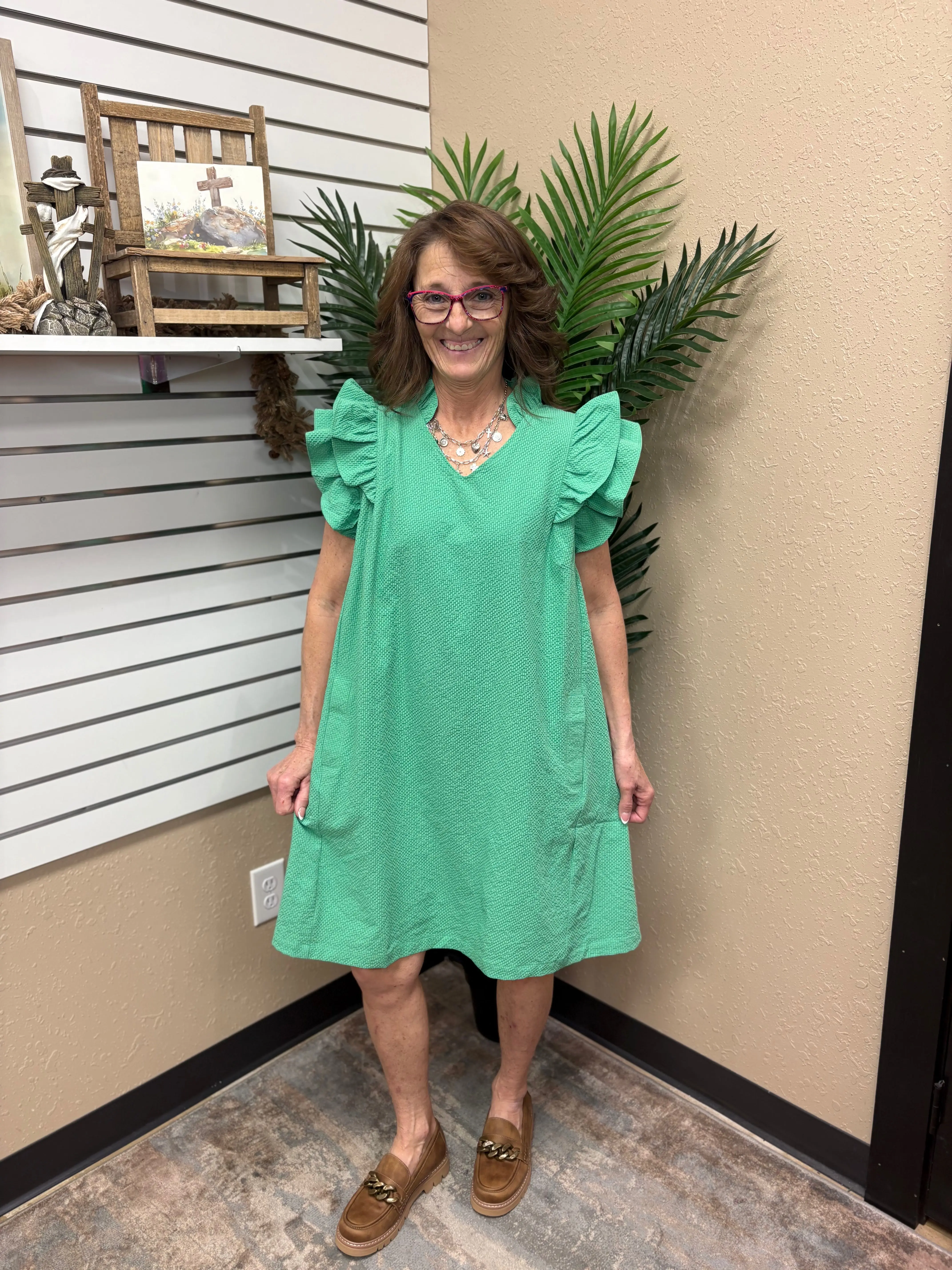 Green Seersucker Ruffle Shift Dress by Umgee