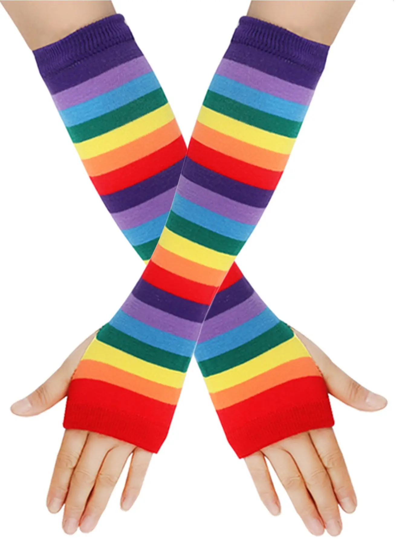 A pair of rainbow knitted gloves, colorful striped sleeves, colorful holiday party gloves cosp