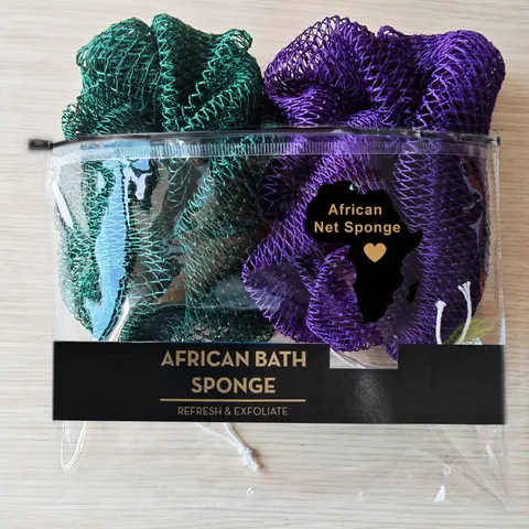 Liotoin Authentic African Net Exfoliating Mesh Sponge 2-Pcs Set - Adult Bath Sponge with Built-In Scrubber, Normal Bathing Accessory for Women, Summer Bath & Body Care Item