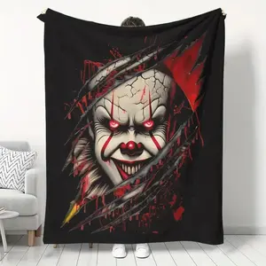 Pennywise Clown Horror Movie Flannel Throw Blanket - 280GSM Soft Plush, Pennywise Face & Red Black Splatter Design, All-Season Use, Machine Washable - Cozy Bedspread for Home, Camping - IT Movie Fan Gift for Horror Enthusiasts