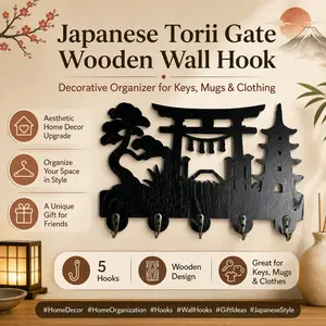 Japan-Inspired Wooden Wall-Mounted Hook Rack with 5 Metal Hooks for Keys, Bags, Clothes & Mugs, Vintage Hat Rack, Fuji Mountain Wall Mount (11x7 Inches), Decorative Hook Rack for Entryway, Kitchen & Living Room
