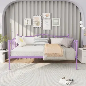 Modern Metal Twin Daybed with Trundle Purple 2-in-1 Convertible Sofa Bed Frame Room Set Space-Saving Guest Bed with 12" Storage Vanity Chair Sturdy Steel Slats No Box Spring Needed