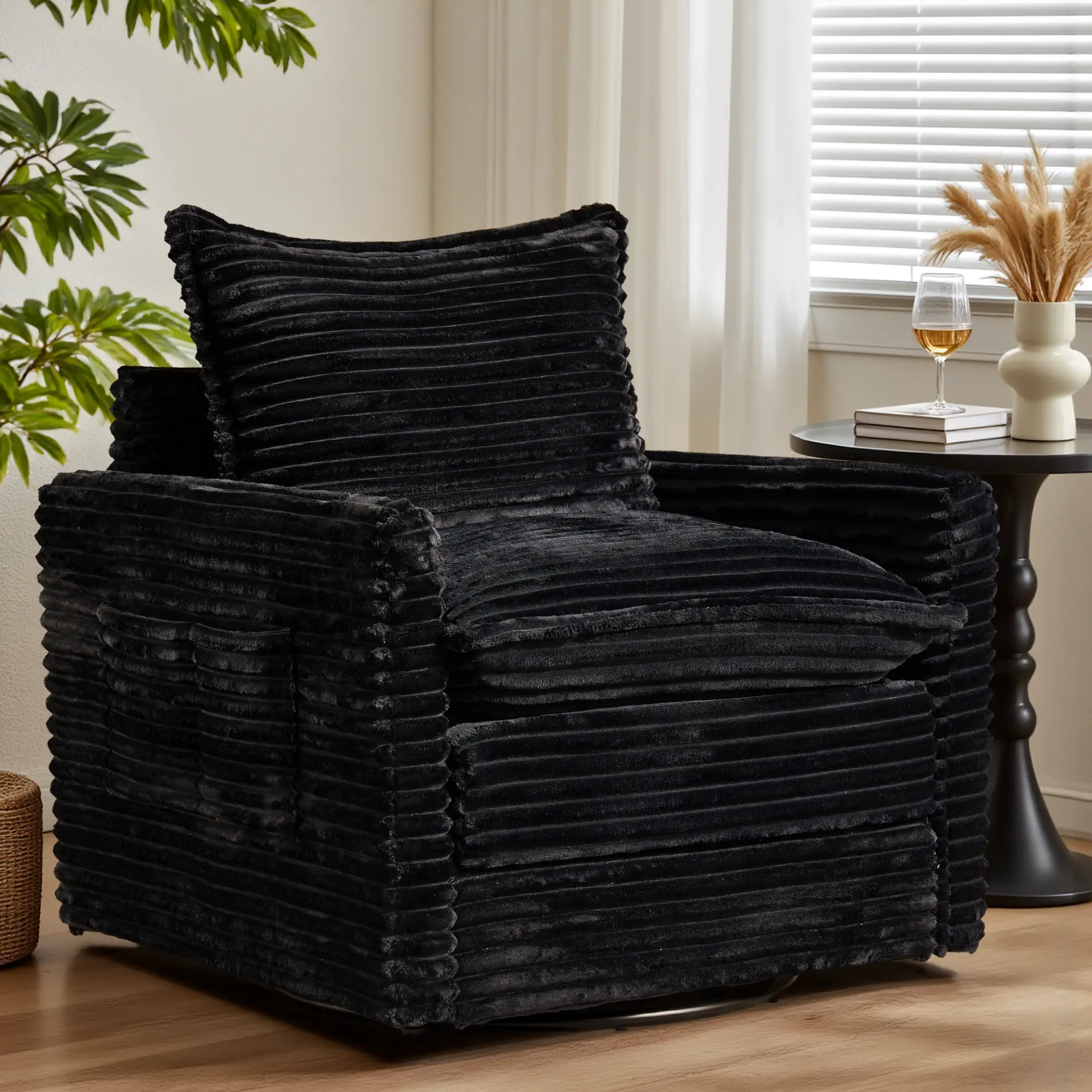 Black Plush Corduroy Swivel Chair*1