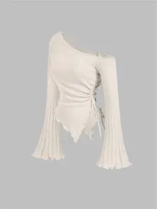 Elegant Asymmetric Shoulder Strap Long Sleeve Women's T-Shirt, Classic Irregular Design, Stylish and Comfortable, Perfect for Casual Wear