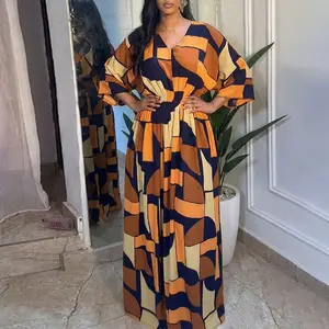 ChicMe Women's Colorblock Geometric Print V-Neck Batwing Sleeve Shirred Back Overalls Casual Cinched Waist Pleated Waist Zipper Back Wide Leg Jumpsuit