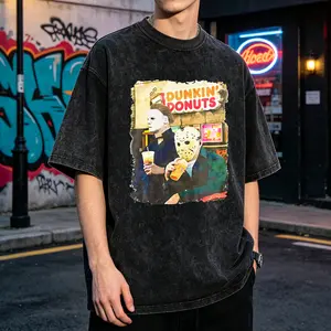 Dunkin Donuts Horror Men's Vintage Washed T-Shirt Dunkin Donuts Horror Characters Art Oversized Graphic Tee Outdoor Casual Short Sleeve