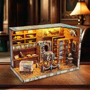 DIY Dinosaur Research Institute Model Kit, 3D Wooden Bookend Mini House, Crafts, Creative Gift for Ages 14+, Includes English Manual