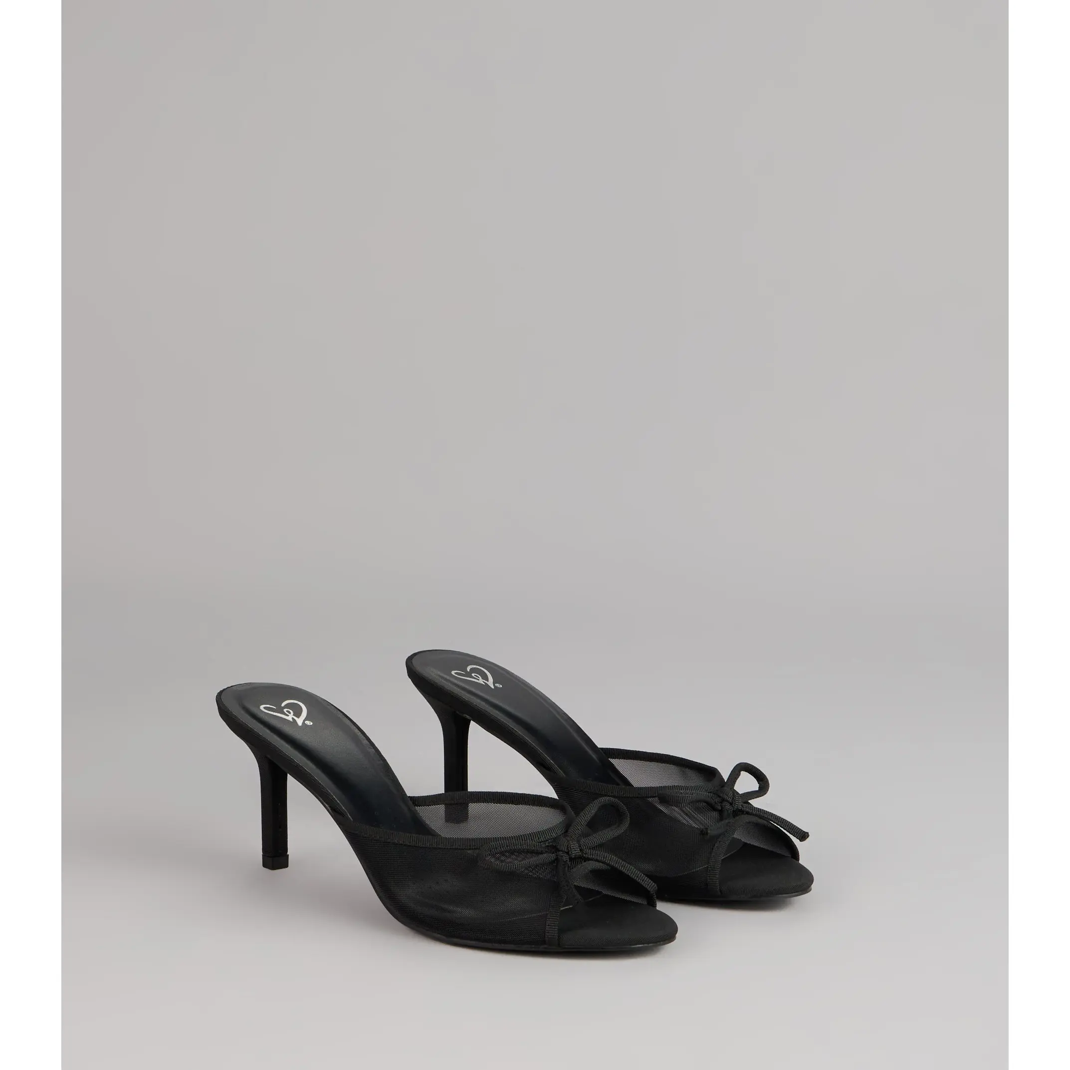 Polished Sweet Bow Detail Mesh Mule Heels