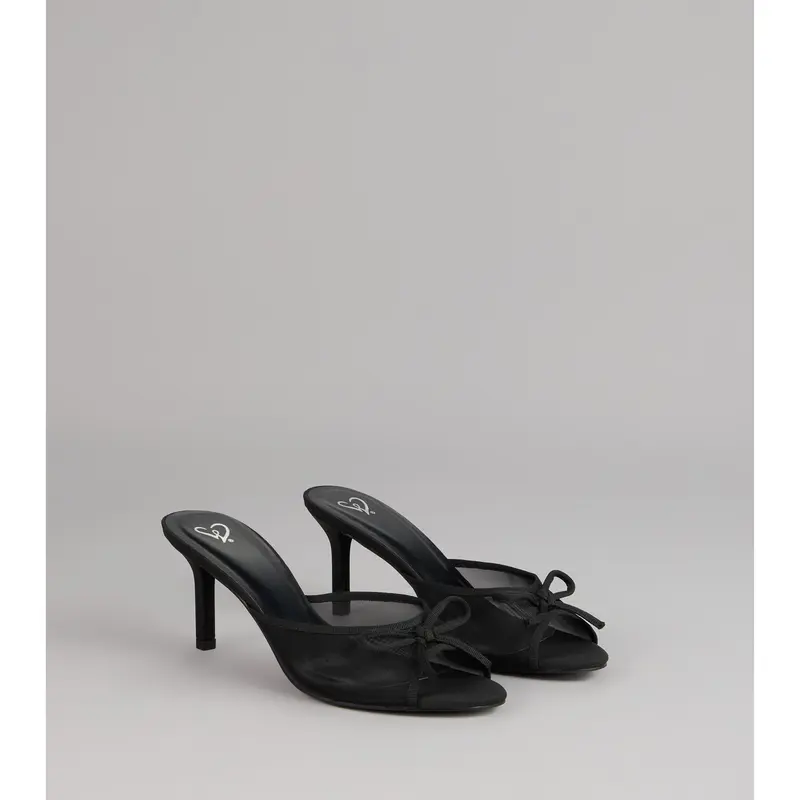 Polished Sweet Bow Detail Mesh Mule Heels