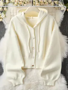 Women's Solid Button Closure Hooded Sweater Cardigan, Casual Long Sleeve Jumper Cardigan for Fall & Winter, Women's Knitwear for Daily Wear, Tops, Knitted Sweater