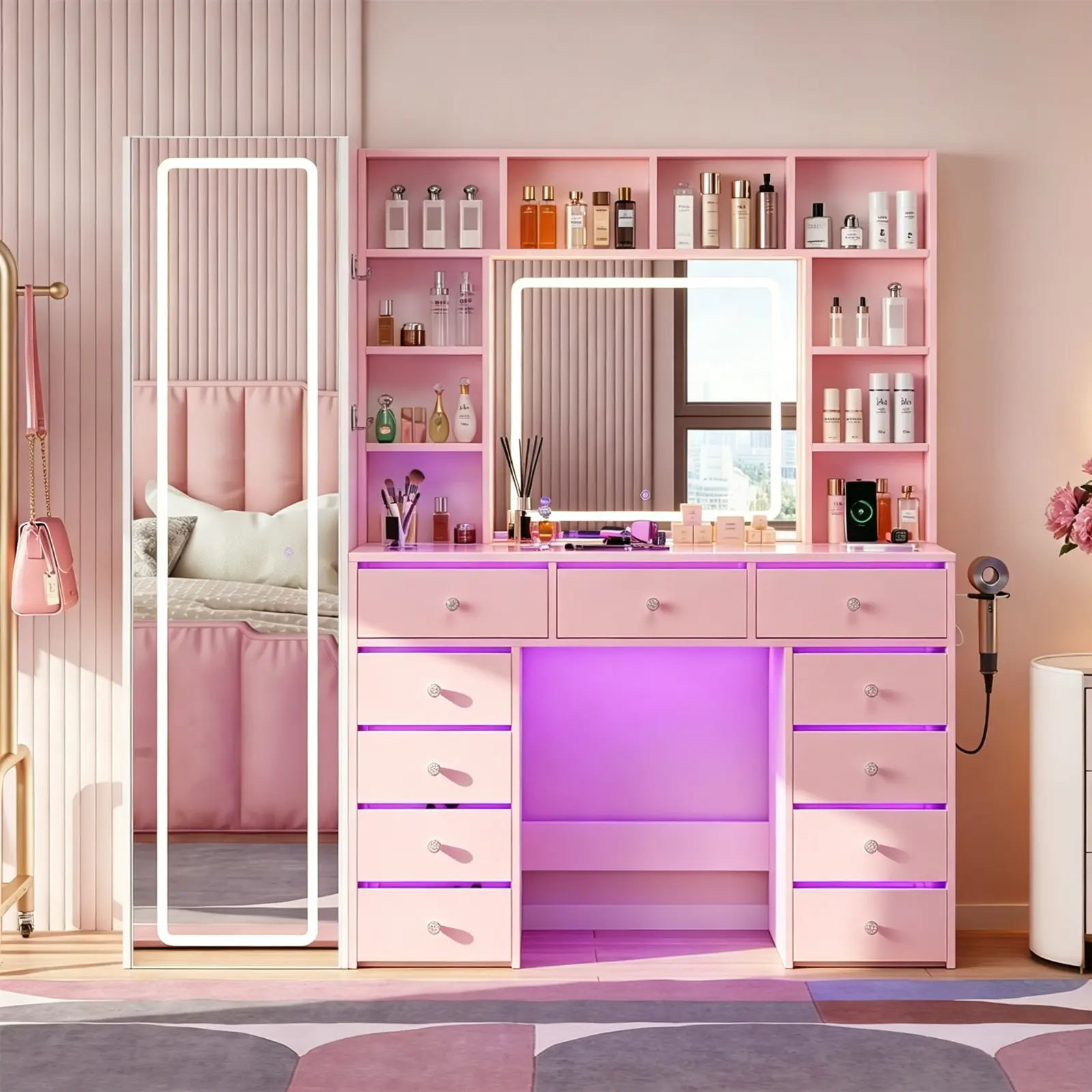 Full Length Mirror Vanity Desk Makeup Storage Station for Bedroom Dorm White Transparent Top Vanity RGB Drawer Vanity Organizer 10 Shelf Beauty Furniture Home Decor Makeup Station Charging Function Vanity Desk