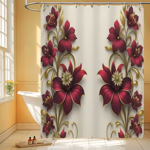 [1pc Red Rose Shower Curtain] Polyester 1pc Metal Red Rose Printed Shower Curtain 66x72 Inches | High-end Art Style White Background Hooks All Seasons Universal Home Decor Bathtub Bathroom