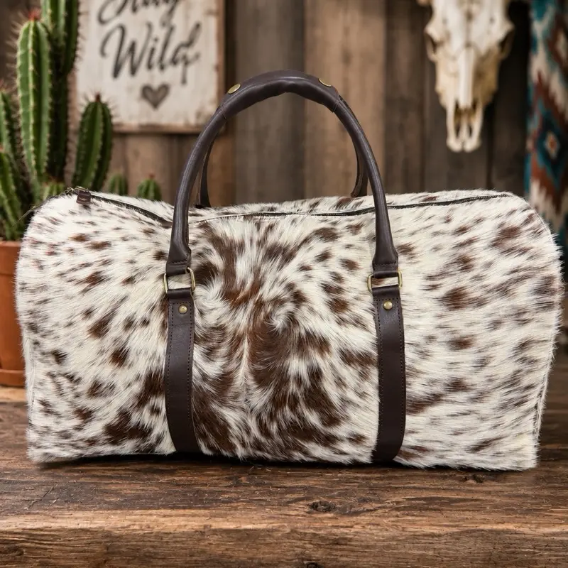 Cream and Brown Cowhide Duffle Bag with Leather strap