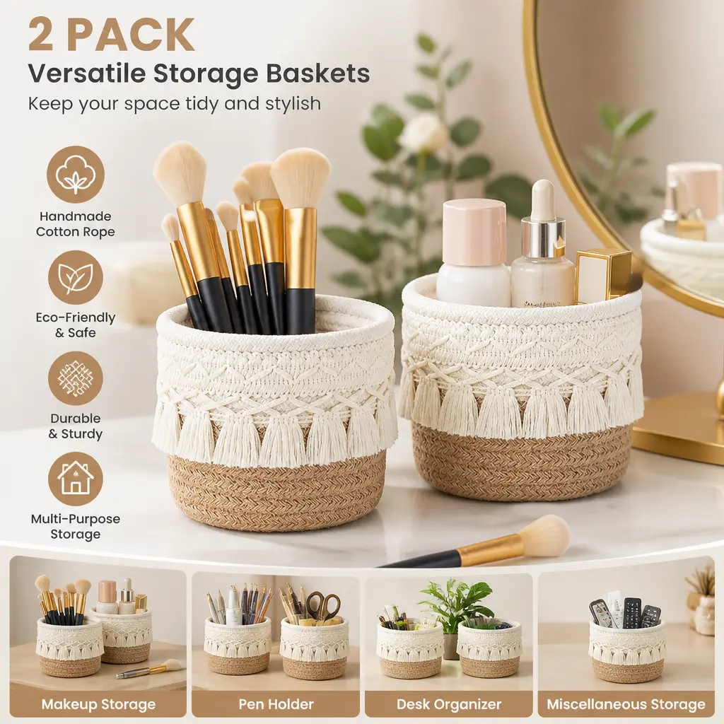 Cotton Macrame Makeup Brush Holder Organizer - 2pcs Bohemian & Cute Desk Supplies Organizers & Dispensers (3.9x3.9 in) for Vanity, Desk Storage, Bohemian Desk Supplies Organizers & Dispensers